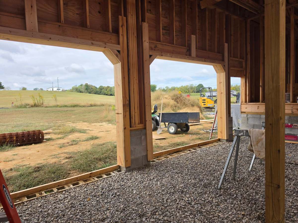 Living the Dream Year 6 Day 157 – Clifty Hill 3 – Framing Day 52, Preparing garage for doors and concrete